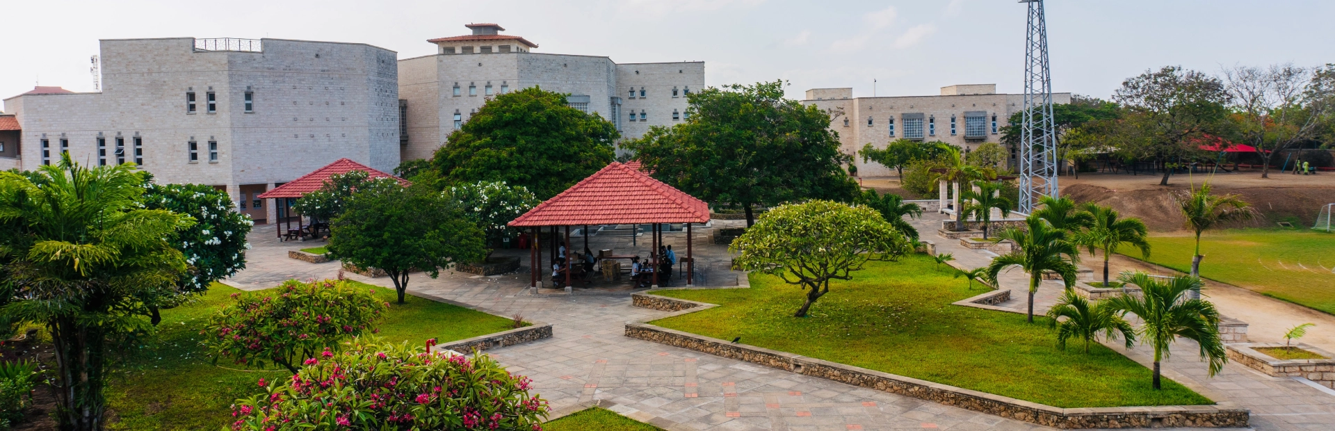A view of the walkways, gazebos and library.