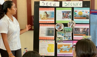 Student standing with a seed bank display.