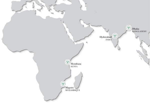 A map of the Aga Khan Academies network, with pin drops on Dhaka, Bangladesh, Hyderabad, India, Maputo, Mozambique and Mombasa, Kenya. 