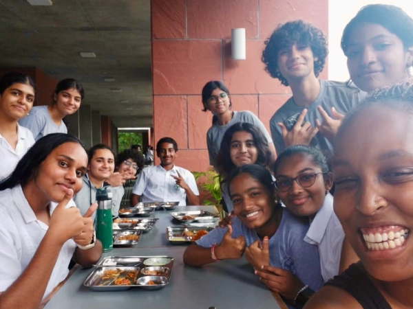 International Student Exchange Programme Manager Eva Muriuki with Exchange students at AKA Hyderabad.