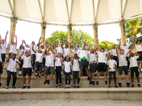 MYP students jumping in the amphitheatre.